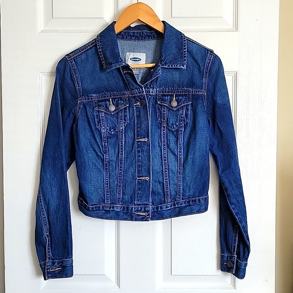 Old Navy Denim Jacket Women’s Medium Dark Indigo Cropped Button Up No Pockets - Picture 5 of 6